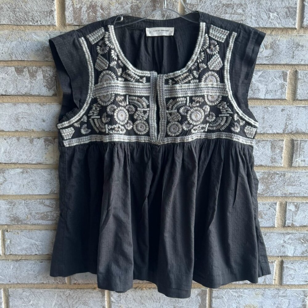 Lucky Brand Short Flutter Sleeve Embroidered Bray Blouse Women's Size S